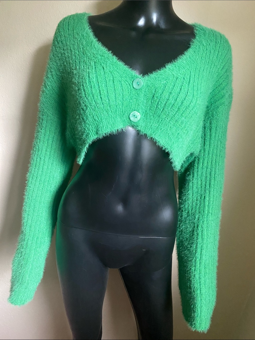 North End Green Fuzzy Cropped Cardigan | Y2K Clueless Candy Raver Knit Sweater